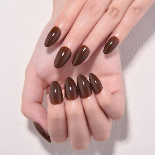 evpct Dark Brown Glossy Press on Nails Short Almond, Glossy Fake Nail Stick on Nail for Women Gift with Kit, Salon Quality Soft Gel Stick on Acrylic False Nails Reusable Full Cover for Women Manicure