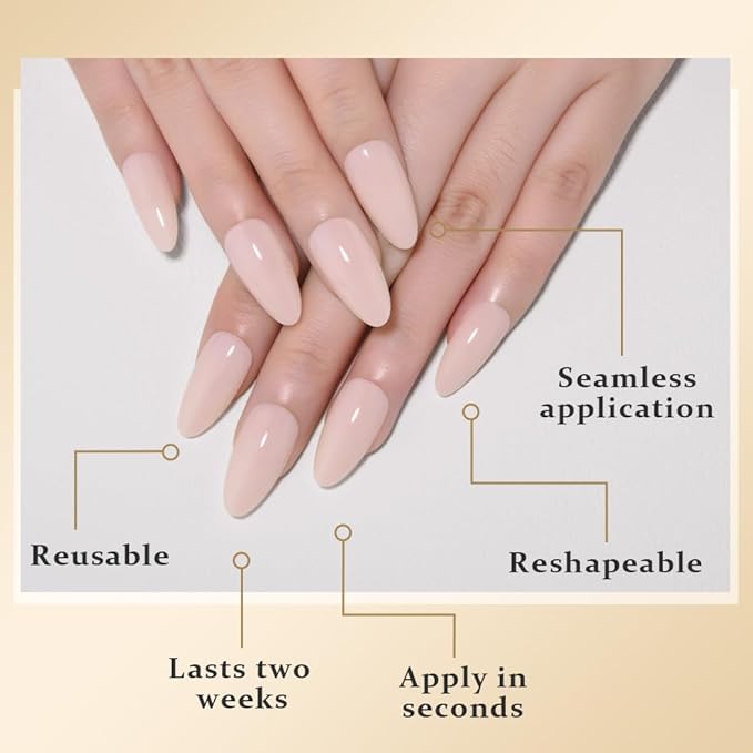 evpct Light Nude Medium Almond Glossy Press on Nails for Women Gift, Glossy Light Nude Fake Nail with Kits Manicure Kit, Soft Gel Full Cover Reusable Stick on Soft Acrylic False Nails Perfectly Fit