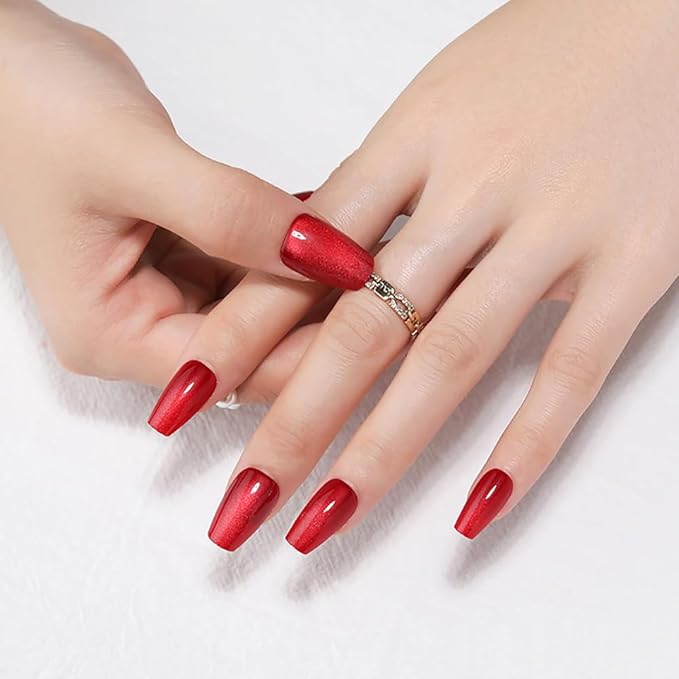 evpct Red Cat Eye Press on Nails Square Medium Coffin, Medium Square Stick on Nails for Women Gift, Red Metallic Glitter Glossy Reusable Spring Summer Soft Gel Press on Acrylic Fake Nail with Designs
