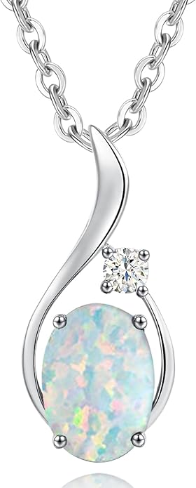 FANCIME 14K Solid White Gold Oval Gemstone Necklace with Diamond Pendant Gifts for Mom Women,16"+2" Inches
