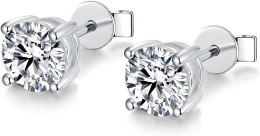 BLINGDIARY Moissanite Stud Earrings, 925 Sterling Silver 18K White Gold Plating Studs for Women Men, Wedding Jewelry Engagement Earrings