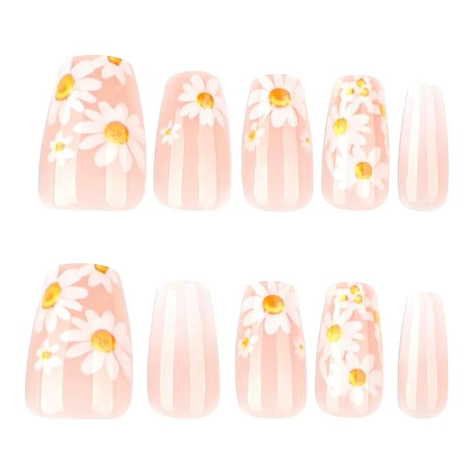 Medium Press on Nails Coffin - Flower Fake Nails with Daisy Design - Summer Full Cover Stick on False Nails - for Women 24 Pcs
