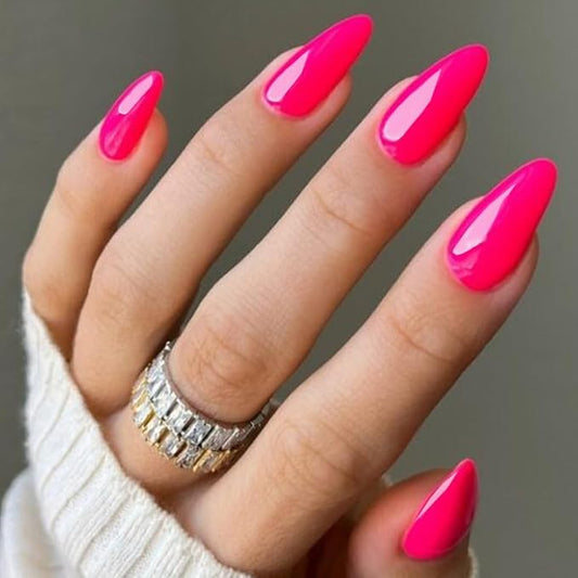 GLAMERMAID Hot Pink Press on Nails Medium Almond, Rose Red Handmade Jelly Soft Gel Pure Glue on Nails Stiletto, Summer Spring Fake Nails Short Oval, Reusable Acrylic Stick on False Nails Kit for Women