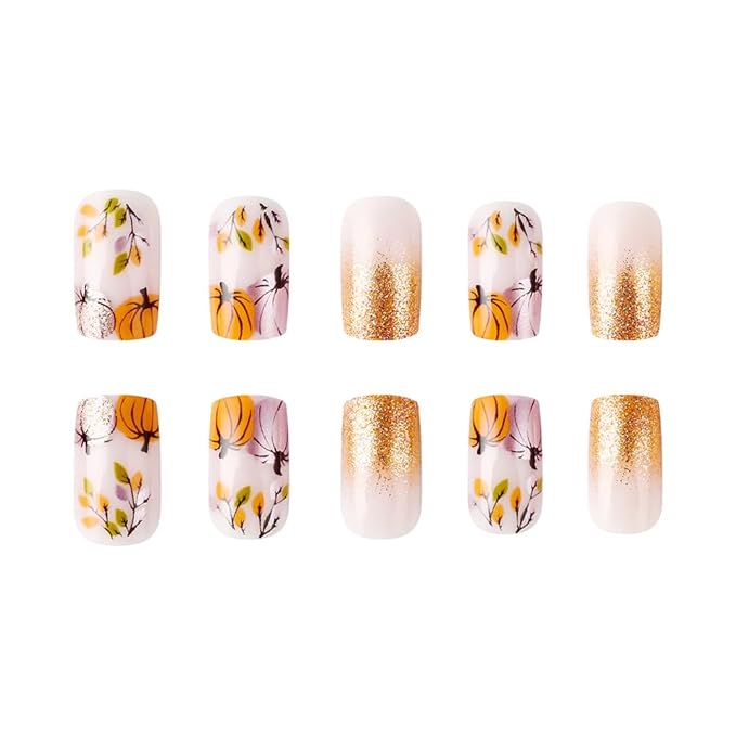 XZMeiLun Halloween Press On Nails Short Square, Orange Fall Acrylic Press On Nails, Pumpkin Glitter Designer Reusable Fake Nails, Glue On Nail Press Ons for Hallows' Day Women