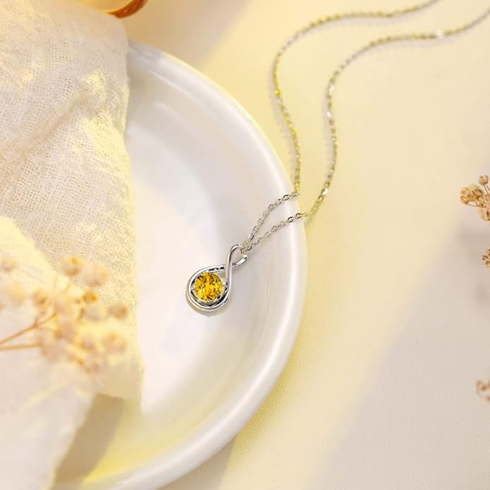 FANCIME 14K Solid Gold Birthstone Pendant with Sterling Silver Chain Infinity Gemstone Necklace Fine Jewelry Anniversary Birthday Christmas Gifts for Women Wife Her