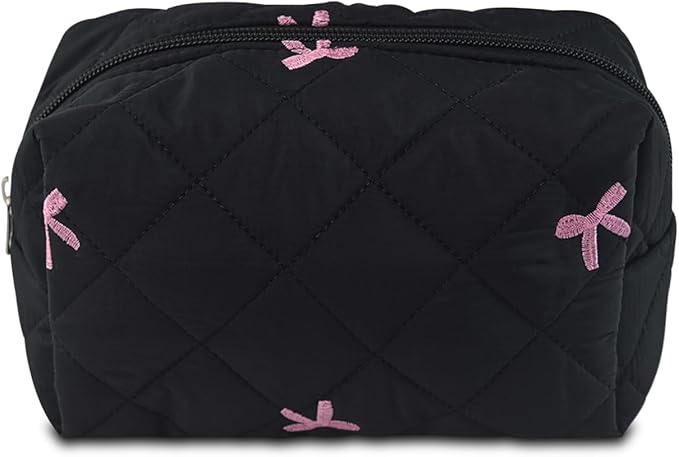 Quilted Makeup Bag Floral Cotton Make up Bag Puffy Coquette Makeup pouch Aesthetic Cute Travel Toiletry Bag for Women Girls