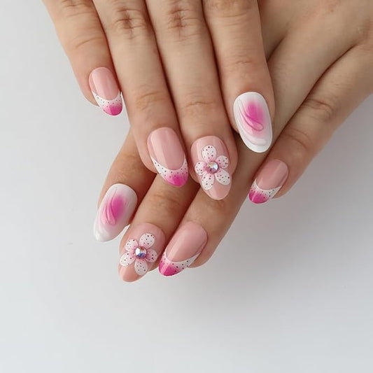 XZMeiLun 3D French Tip Flowers Press On Nails Almond Short, 3D Pattern French Tips Designer Reusable Acrylic Nails Press Ons, Fake Nails With Glue On, Daily Wear Floral False Nails For Women