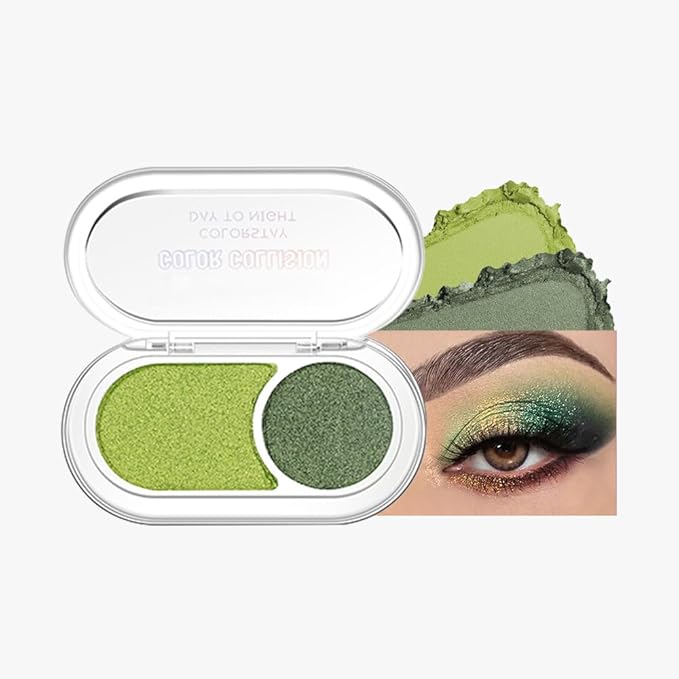 Mini Green Shimmer Eyeshadow Duo – Lime Glow & Forest Moss Metallic Eye Shadow Palette, High Pigment Long-Lasting Blendable Green Makeup for Brown Hazel Eyes, Wear, Party Glam, Stage & Night Out Looks
