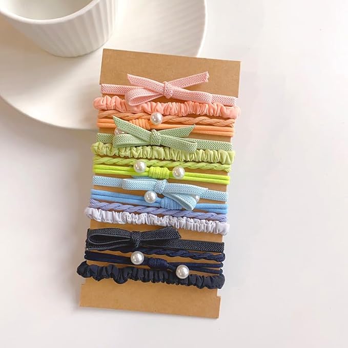 Multistyle Hair Ties Set: Gentle High Elasticity Ponytail Scrunchie Bracelet for Women (3-Bow Pearl Elastics Set:16, One Size)