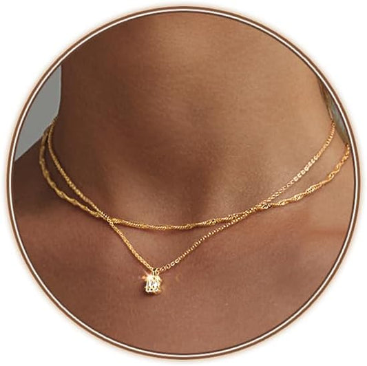 Luxval Diamond Pendant Gold Necklace for Women，Dainty 18k Gold Plated Choker Necklaces Simple Gold Jewelry Gifts for Women Girls