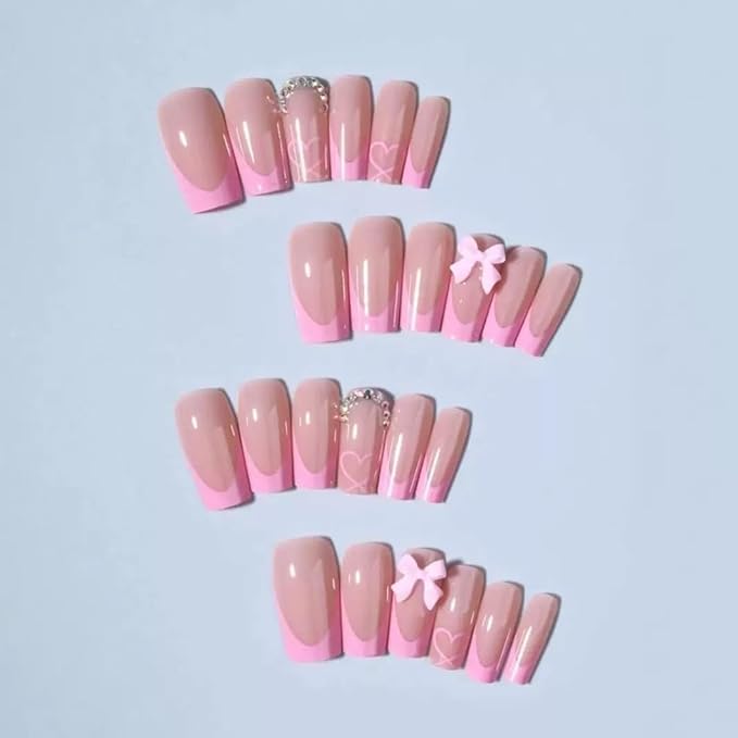 Pink French Tip Press on Nails - Medium Coffin Fake Nails with Bow Charms Design - Heart False Nails Press ons - for Women 24 Pcs