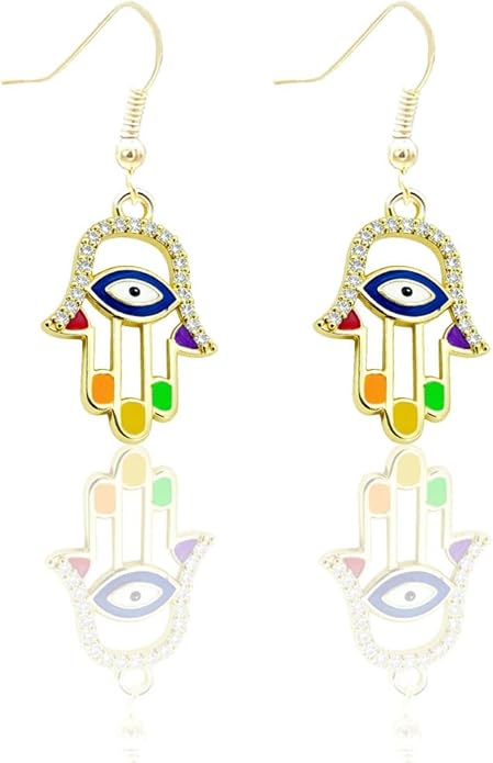 Rainbow Hamsa Hand Protection Charm Earrings, Evil Eye Earrings for Women