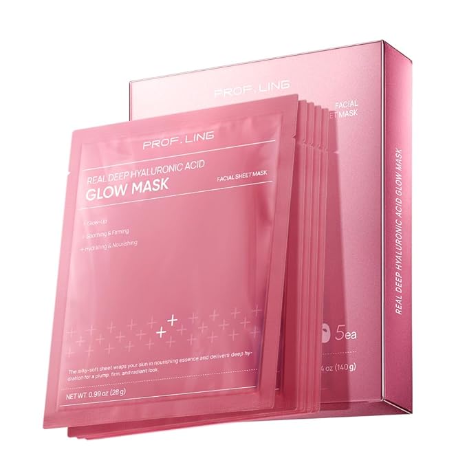 PROF.LING REAL DEEP HYALURONIC ACID GLOW MASK - Hydrating & Brightening Face Mask for Dry/Combination Dry Skin, Reduces Dullness & Fatigue, Camellia Fabric, 24H Moisturization