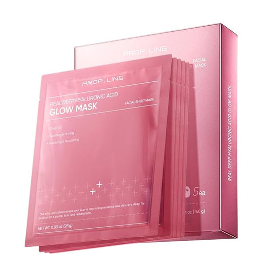 PROF.LING REAL DEEP HYALURONIC ACID GLOW MASK - Hydrating & Brightening Face Mask for Dry/Combination Dry Skin, Reduces Dullness & Fatigue, Camellia Fabric, 24H Moisturization