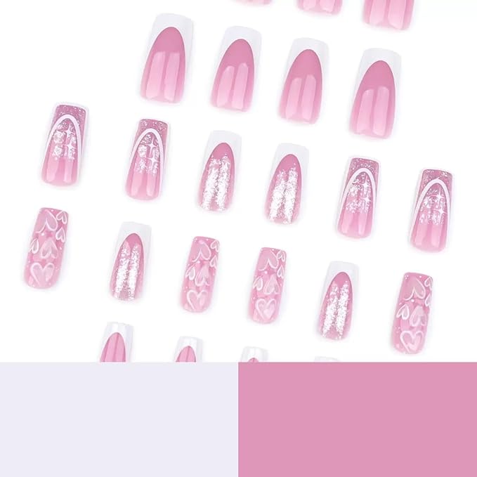 CTTHNBD Press on Nails Square - Medium Pink Fake Nails with Heart Desgin - White French Tip False Nails Press ons - for Women 24 Pcs