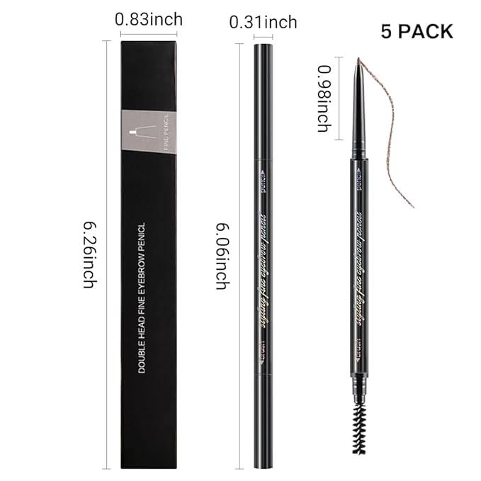 Thin Eyebrow Pencils for Women - 5 Pack Waterproof Micro Dual-Ended Ultra-Fine Tip Brow Pen & Spoolie Brush, Formula for Natural Hair Strokes, Filling, Shaping - Dark Brown
