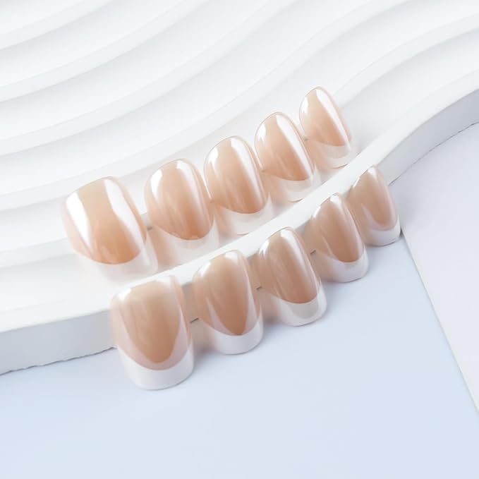 XZMeiLun Press On Nail, French Tip Chrome Acrylic Press On Nails Short Square, Designer Reusable Glazed Fake Nails, Glossy Soft Gel Nails Wedding and Party, Stick On Glue On Nails Press Ons for Women