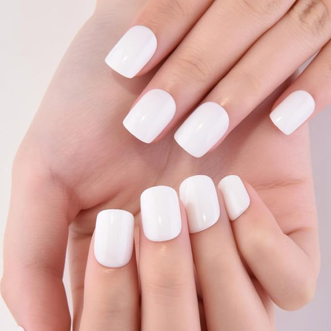 evpct White Glossy Press on Nails Short Square, Glossy White Fake Nails Summer Reusable, Acrylic False Nail Stick on Press ons for Women Gifts, Perfectly Fit Durable False Nail Kit & Gel 30Pcs