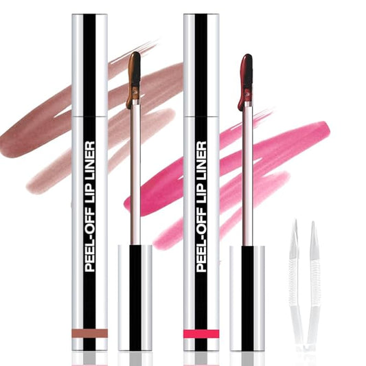 2Pcs Peel Off Matte Liquid Lip Gloss Stain-Lip Liner with Tweezer, Peel Off Lip Stain, Long Lasting & Waterproof Lipstick Tattoo, Transfer-Proof Lip Gloss for All Skin Types (00#+02#, 2Pcs)