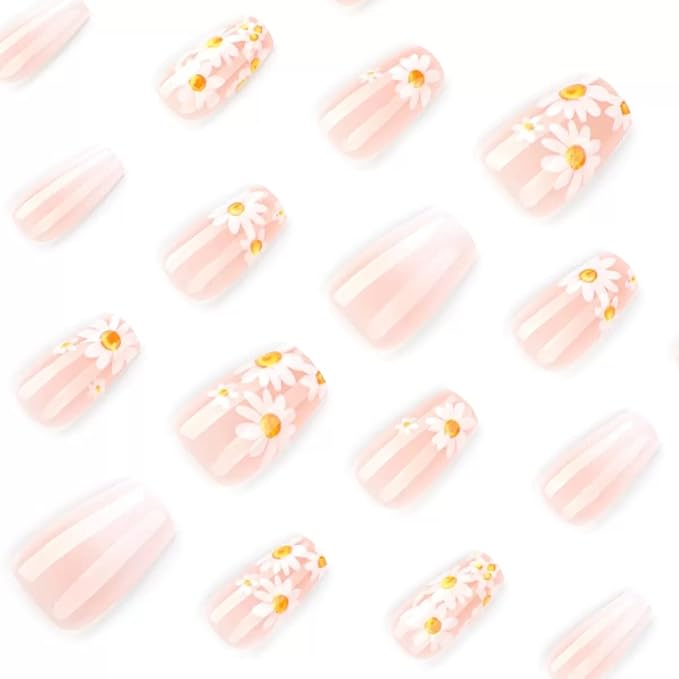 Medium Press on Nails Coffin - Flower Fake Nails with Daisy Design - Summer Full Cover Stick on False Nails - for Women 24 Pcs