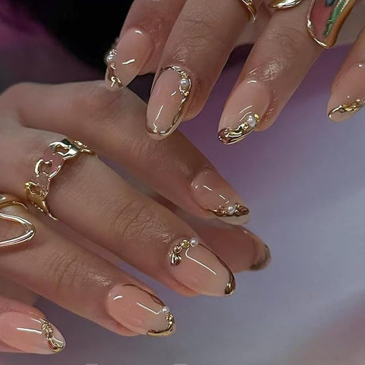 XZMeiLun Short Almond Press on Nails with French Tip & 3D Gold Line Pearl Charms Design, Glossy Full Cover Acrylic False Nails with Glue, Reusable Stick-on Fake Nails for Women- Fall Nail Art Gift