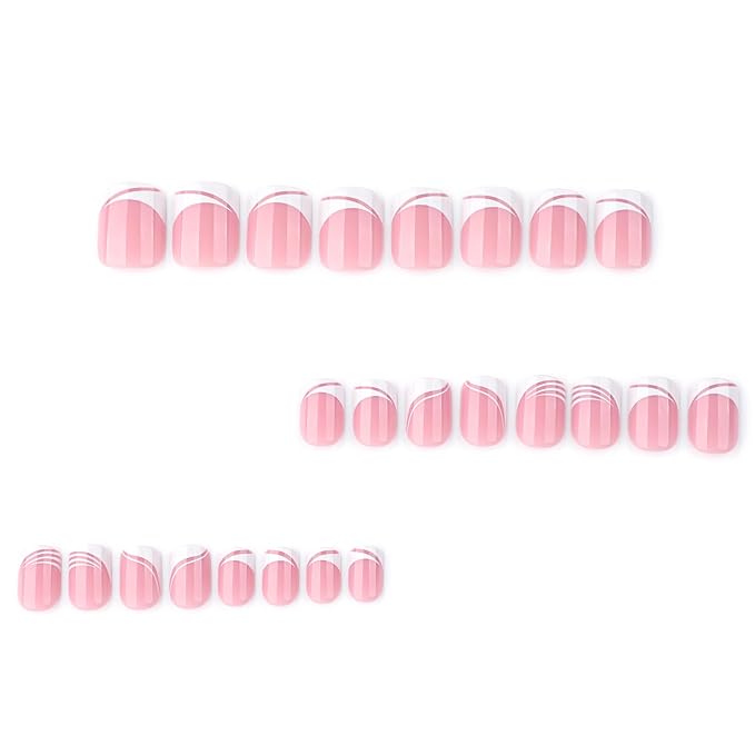 XZMeiLun French Tip Press On Nails Summer Acrylic for Women - Designer Fake Nails Short Square 24PCS, Glossy Soft Gel with Glue, Outdoor Picnic/Wedding/Party Reusable Stick On Nails Gift
