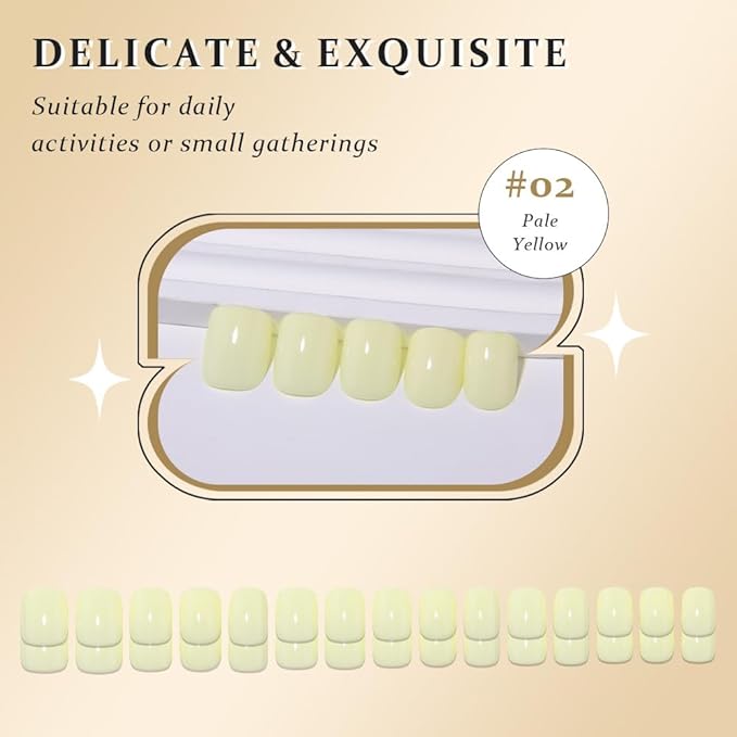 evpct Pale Yellow Glossy Press on Nails Short Square, Glossy Yellow Fake Nails Summer Reusable, Acrylic False Nail Stick on Press ons for Women Gifts, Perfectly Fit False Nail Kit with Kits 30Pcs