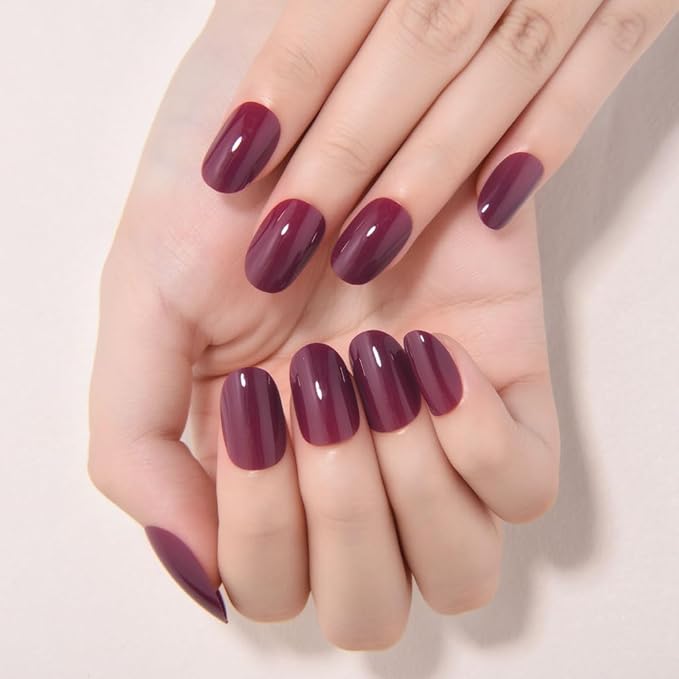 evpct Dark Red Medium Oval Glossy Press on Nails for Women Gift, Glossy Dark Red Fake Nail with Nail Kit Manicure Kit, Soft Gel Full Cover Reusable Stick on Soft Acrylic False Nails Perfectly Fit