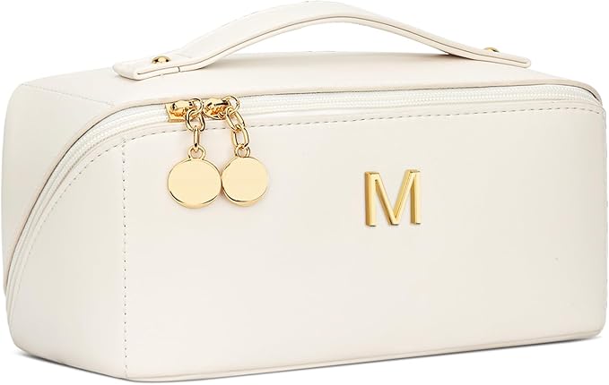 Gifts for Women Bridesmaid Gifts Personalized Initial Makeup Bag PU Leather Cosmetic Waterproof Travel Toiletry Bag (Large)