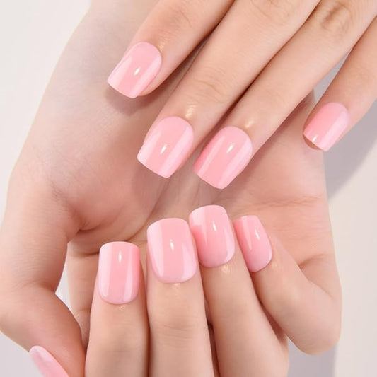 evpct Nude Pink Glossy Press on Nails Short Square, Glossy Pink Fake Nails Summer Reusable, Acrylic False Nail Stick on Press ons for Women Gifts, Durable Perfectly Fit False Nail Kit Gel 30Pcs