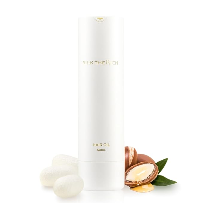 SILK THE RICH Hair Oil Heat Protectant & Split End Repair, Salon-Quality Treatment with Argan Oil for Frizzy, Curly, Damaged, Dry Hair, Fragrance Scalp Moisture, Travel Size, White (1.7 fl oz, 50ml)