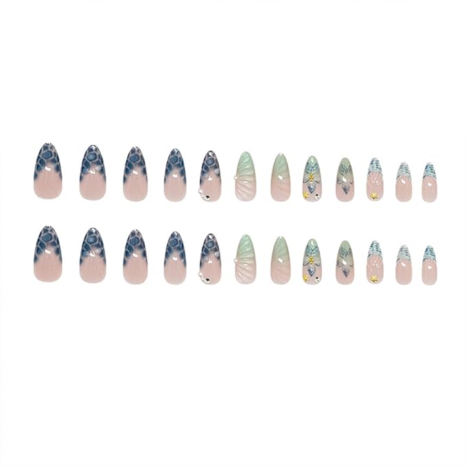JONKASIPA 24 Pcs French Press On Nails, Medium Length Almond Shape Fake Nails, 3D Flower Nail Decoration Full Coverage Blue Patch Nails Artificial Nails For Women
