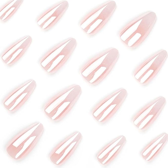 Foccna Press on Nails Medium Long Pink Fake Nails Almond Glossy False Nail Tips Artificial Nails Finger Manicure for Women and Girls-24pcs