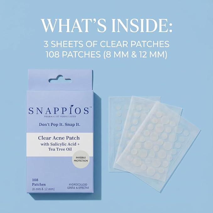 Snappios Clear Acne Patches – Pharmacist‑Formulated Hydrocolloid Pimple Stickers with Salicylic Acid & Tea Tree Oil (108 Count, 8 mm & 12 mm) – Invisible, Gentle & Fast‑Acting