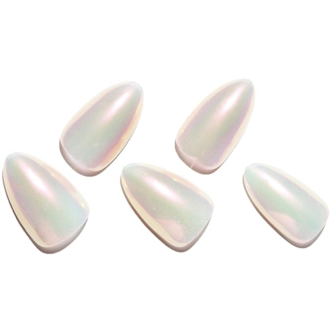 GLAMERMAID Chrome Press On Nails Short Almond, White Pearl Handmade Soft Jelly Gel Fake Nails, Glazed Donut Round Oval Stick Glue on Nails Kit for Women, Mermaid Matal Reusable Acrylic False Nail Set