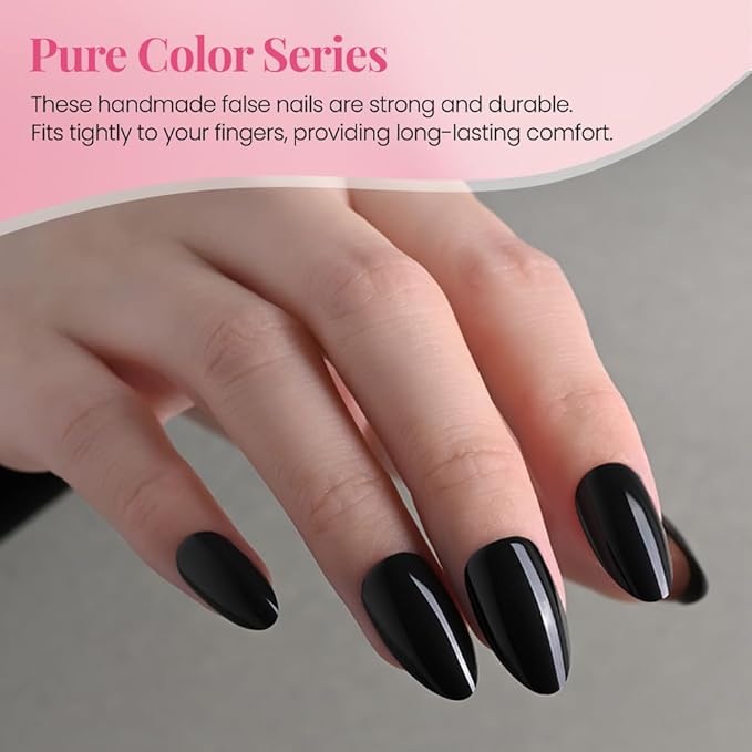 evpct Glossy Press on Nails Short Almond Short for Women, Black Fake Nail with Kits Salon Quality Reusable Stick on Nails In 15 Sizes 30Pcs Full Cover False Nail Soft Gel Set Kit for Gift, 29