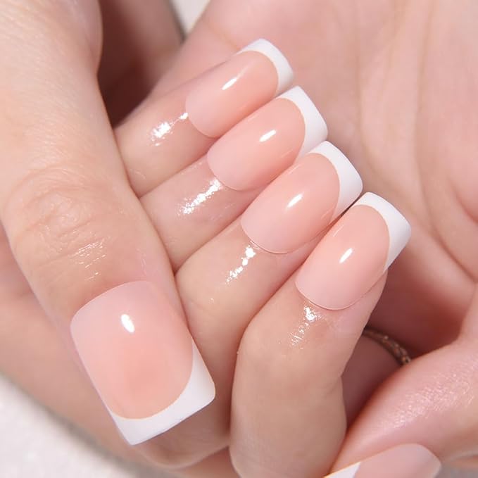 XZMeiLun Nude+White French Tips Press on Nails, Short Square Acrylic Fake Nails Design, Natural Reusable Glue-On Nails Kit for Women DIY False Nail Art Decoration Gift, Salon Quality Reusable 32 Pcs