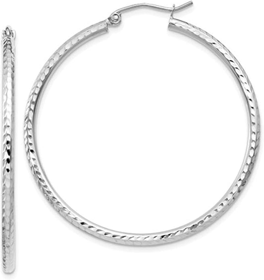 14k White Gold Diamond-Cut Hoop Earrings, (2mm Tube)