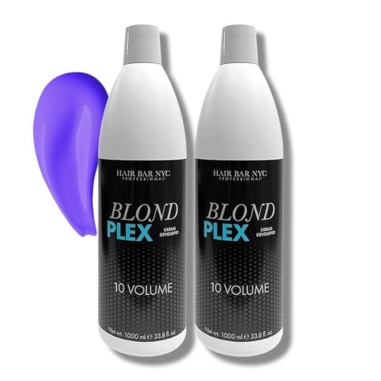HAIR BAR NYC 10 Volume - Blond Plex Anti-Yellow Porfessional Lightening System for Charcoal Hair Bleach - Violet Peroxide Developer with Plex, Eliminates Orange Tones 33.8oz/1lt (Pack of 2)