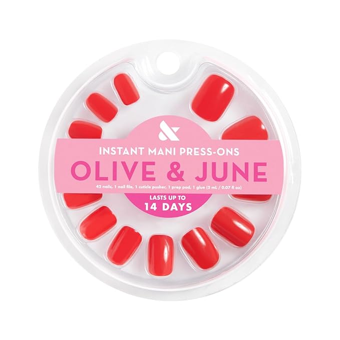 Olive & June Instant Mani Press On Nails (Glue) | Cherry Red | Short, Squoval | 42 Fake Nails, 21 Sizes | Non-Toxic, Long-Lasting | Recycled Materials | Realistic Look | CV