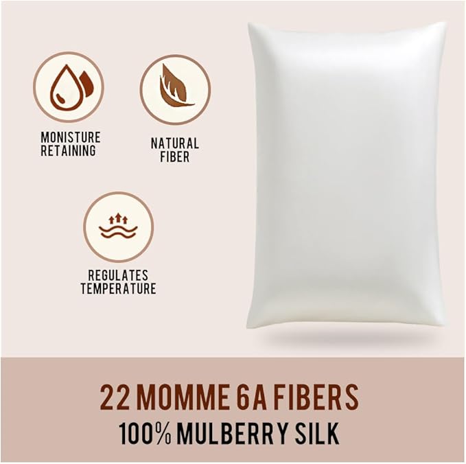 STONECREST Silk Pillowcase, 100% Organic Mulberry Silk, Real 22 Momme 6A Grade, Oeko-Tex Certified, Luxury Pillow Cover for Hair & Skin, with Hidden Zipper(1 Pc Standard 20x26, Cream White)
