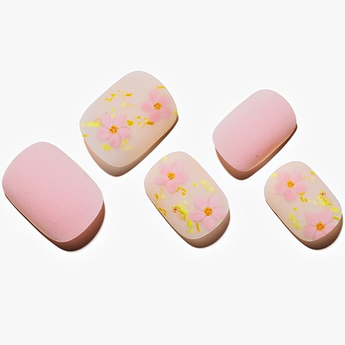 GLAMERMAID Light Pink Extra Short Press on Nails, Spring Summer Floral Fake Nails Short Squoval with Sakura Design, Matte Square Glue on Nails, Acrylic False Nails, Glossy Round Fake Nails for Women