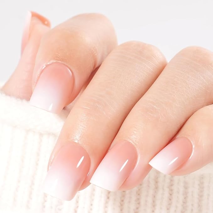 XZMeiLun Brown Nude Ombre Press On Nails Short Square, Gradient French Tip Designer Fake Nail Reusable Real Acrylic Nails for Women, Glossy Soft Gel False Nail with Glue On Nails,Wedding Stick On Nail