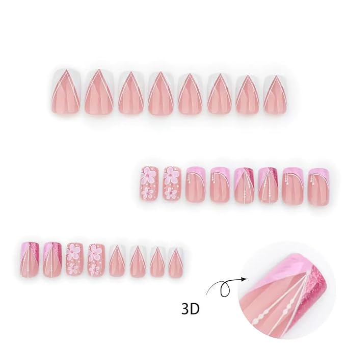 CTTHNBD Press on Nails Square - Short Fake Nails with Flower Design - French Tip, Pink False Nails - for Women 24 Pcs