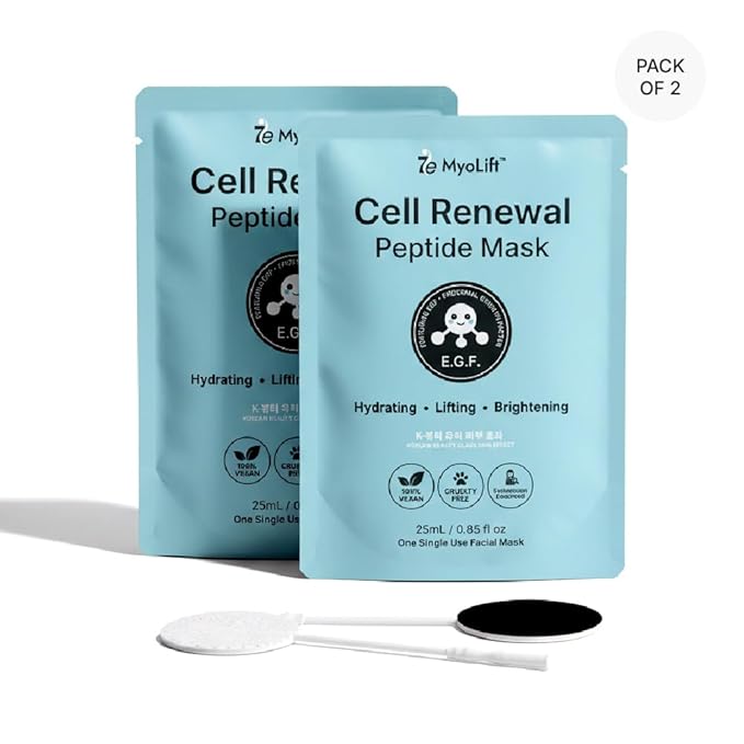MYOLIFT Cell Renewal Peptide Mask(EGF)– 100%Vegan, Bio-Cellulose FaceMask for CellRenewal, Skin Firming, Hydrating & Brightening-with Niacinamide, Hyaluronic Acid& EGF|Korean Skincare Sheet Mask–Pack2