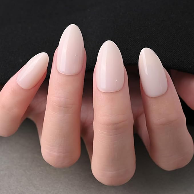 evpct Glossy Press on Nails Short Almond Short for Women, Nude White Fake Nail with Kits Salon Quality Reusable Stick on Nails In 15 Sizes 30Pcs Full Cover False Nail Soft Gel Set Kit for Gift, 09