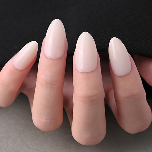 evpct Glossy Press on Nails Short Almond Short for Women, Nude White Fake Nail with Kits Salon Quality Reusable Stick on Nails In 15 Sizes 30Pcs Full Cover False Nail Soft Gel Set Kit for Gift, 09