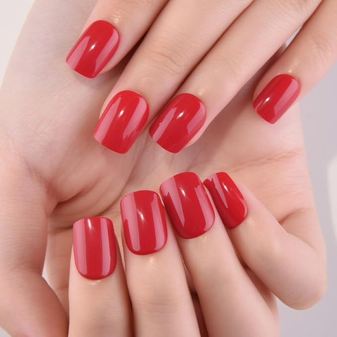 evpct Acrylic Red Glossy Press on Nails Short Square, Glossy Red Fake Nails Summer Reusable False Nail Stick on Press ons for Women Gifts, Perfectly Fit Durable False Nail Kit with Gel Gel 30Pcs