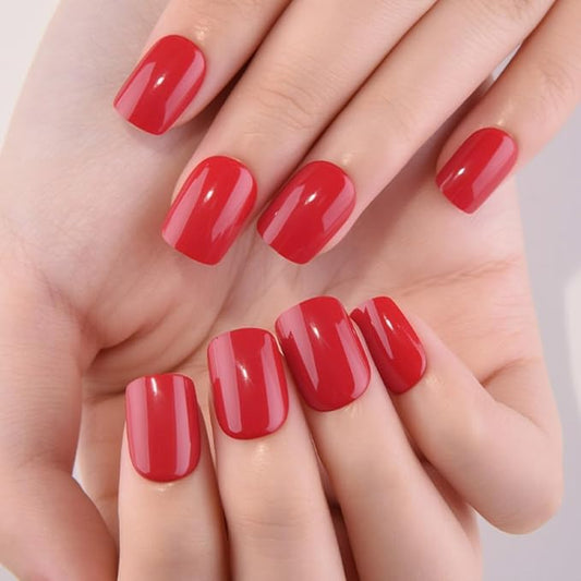 evpct Acrylic Red Glossy Press on Nails Short Square, Glossy Red Fake Nails Summer Reusable False Nail Stick on Press ons for Women Gifts, Perfectly Fit Durable False Nail Kit with Gel Gel 30Pcs