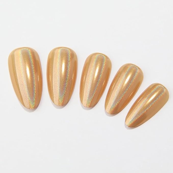 XZMeiLun 24Pcs Gold Holographic Acrylic Press on Nails Short Almond - Reusable Fake Nails with Nail Glue Kit, Long Lasting Chameleon Static Nails for Women Daily Wear & Parties (Glossy Laser Design)
